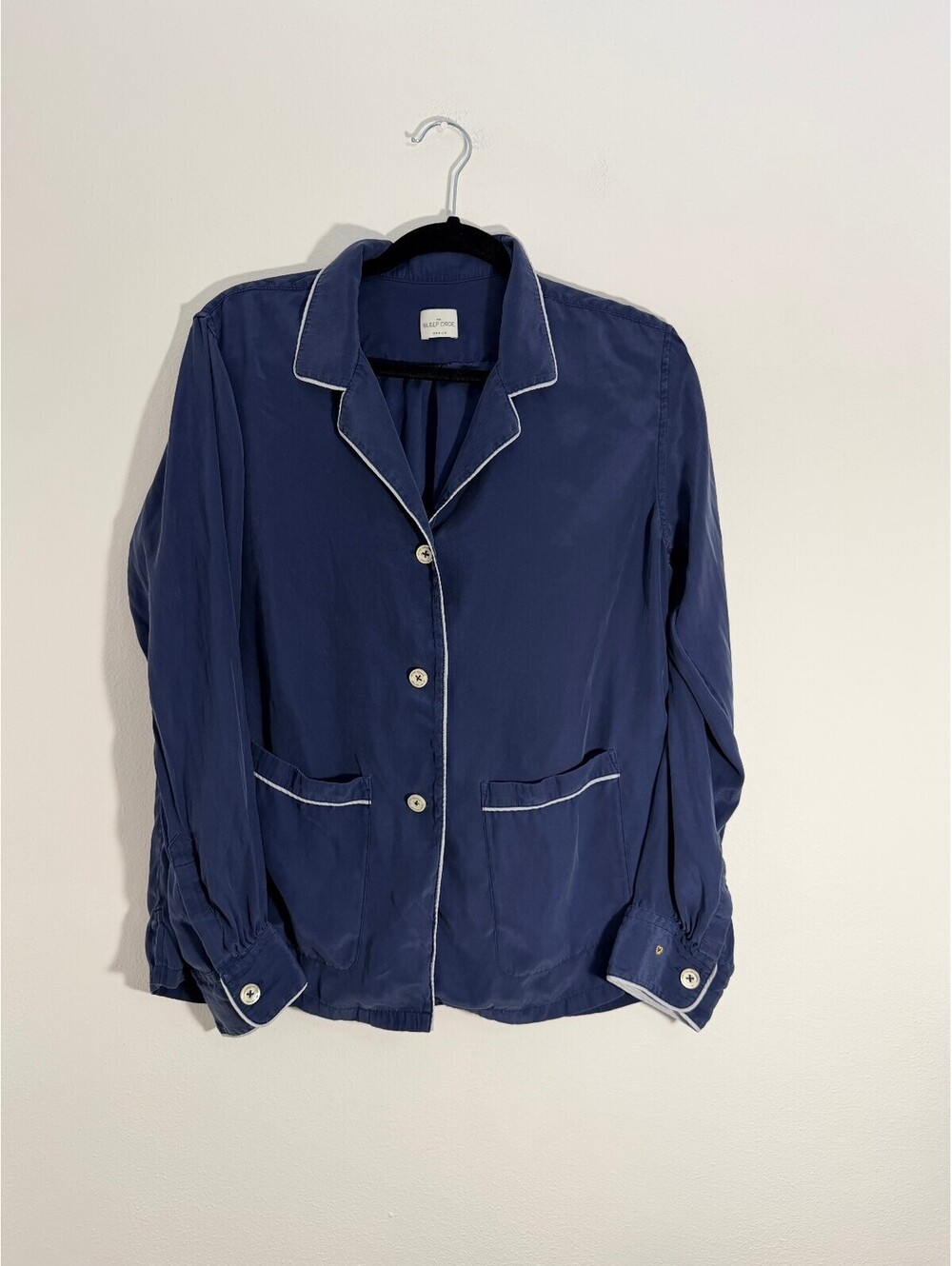 The Sleep Code 100% Silk Pajama Top Blue Contrast Trim Button Front Sleep Shirt - Picture 2 of 5